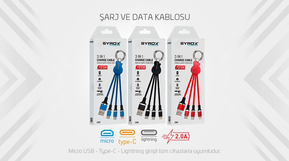 Syrox C90 Çoklu Şarj Kablosu - 3'lü Hızlı Şarj Kablosu (Type-C, Micro USB, Lightning) Kırmızı, Mavi, Siyah Renk