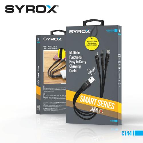 Syrox C144 USB-A to 2 Type-C and 1 Lightning Multi Charging Cable - High-Quality Braided, 22cm Cable Length